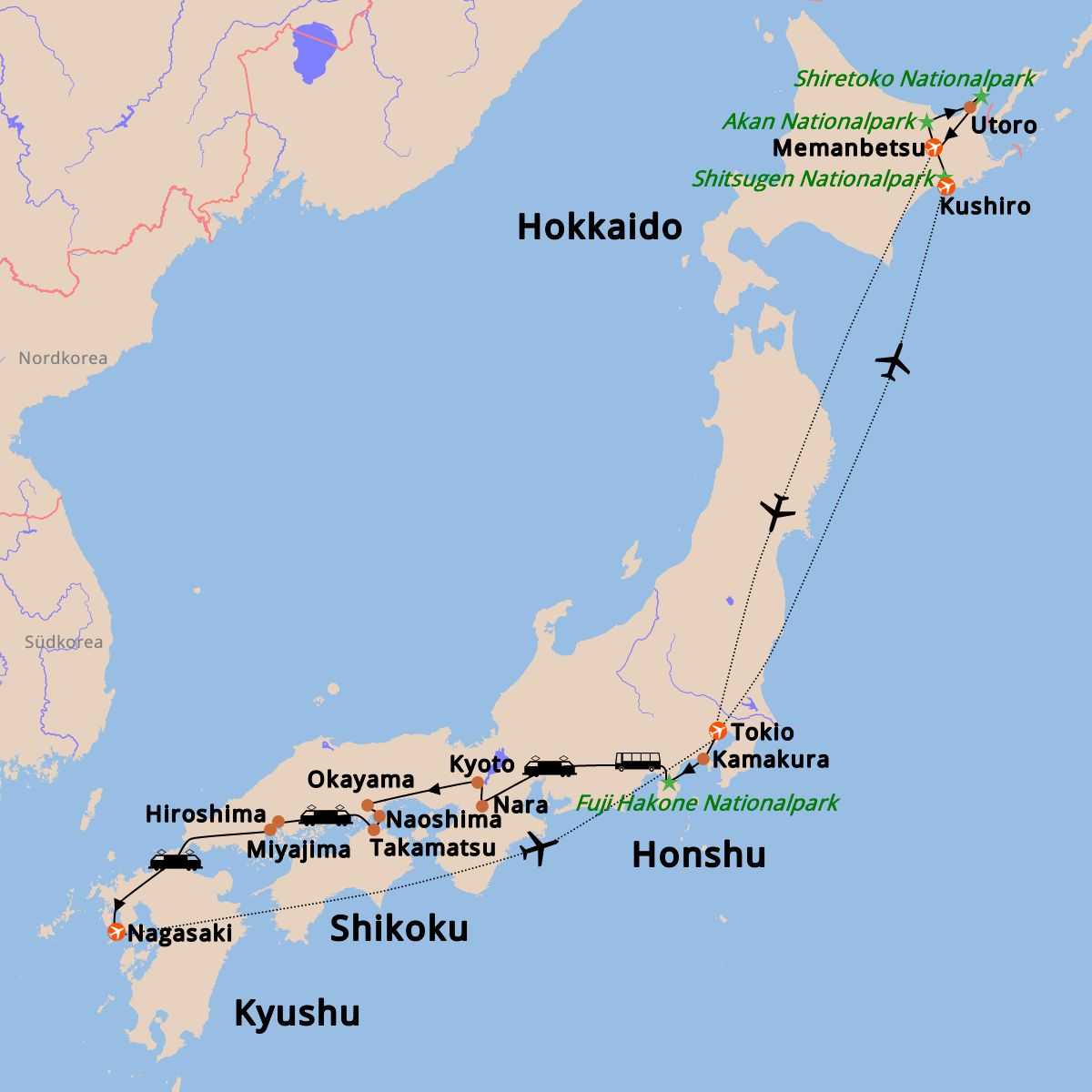 Reiseroute-von-Hokkaido-bis-Kyushu