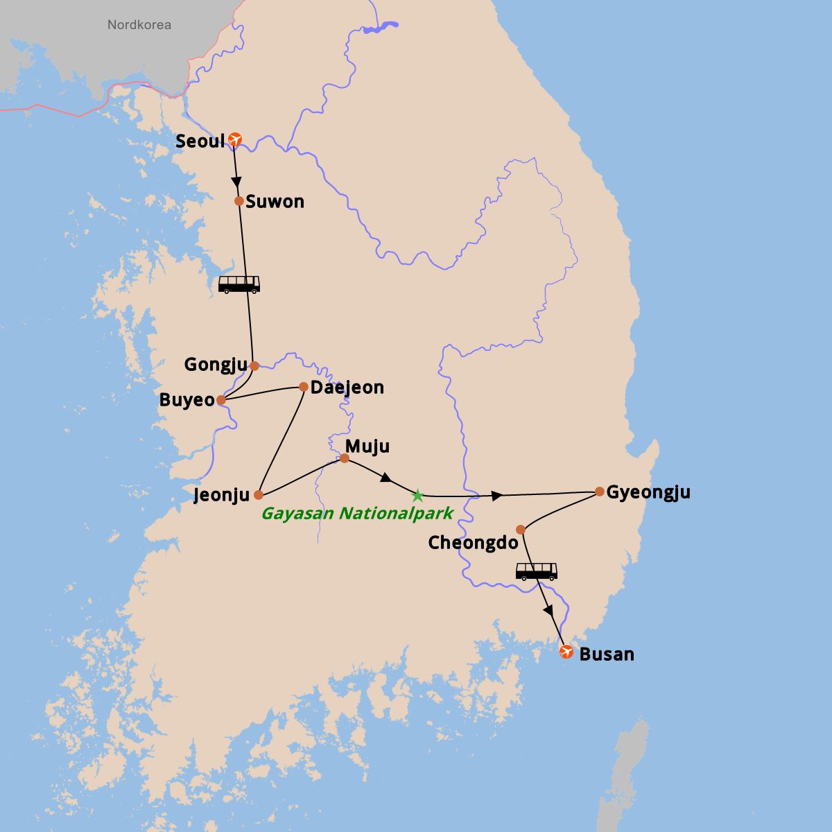  Landkarte Reiseverlauf Korea